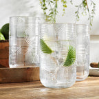 Glaver's Drinking Glasses, Highball Glasses, 17 Ounce Thick Embossed Designed, Set of 4 Clear Kitchen Glassware For Everyday Elegant Serving Coolers, Urban Pattern Modern Drinking Glasses
