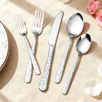 Elegant Dining Hosting Bundle: 4-Pack Vintage Floral Silver Serving Trays (11.4" x 7") & 20-Piece Hammered Silverware Set for 4, Premium Stainless Steel Party Platters and Lava Texture Cutlery Set