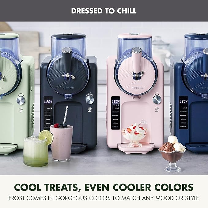 GreenPan Frost Ice Cream Maker & Slushie Machine, Soft Serve, Sorbet, Margaritas, Milkshakes, Frozen Yogurt, No Pre-Freezing, Ready in 15 Mins, 6 Modes, 7 Textures, Self-Cleaning, Family Size, Gray
