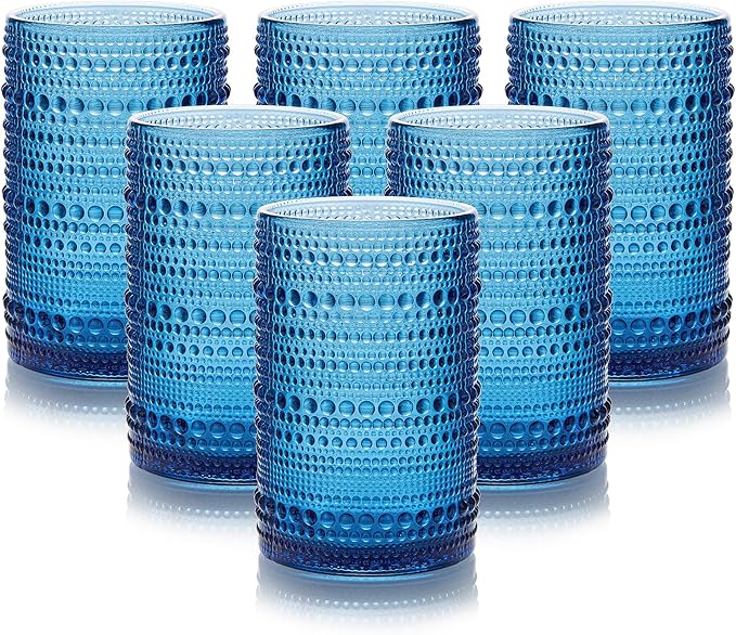 HomeVogue 15 oz Blue Hobnail Drinking Glasses with Straws Set of 6, Vintage Glassware Old Fashioned Beverage Glasses, Cocktail Glass Set, Kitchen Water Glasses Cup, for Beer, Smoothie, Juice
