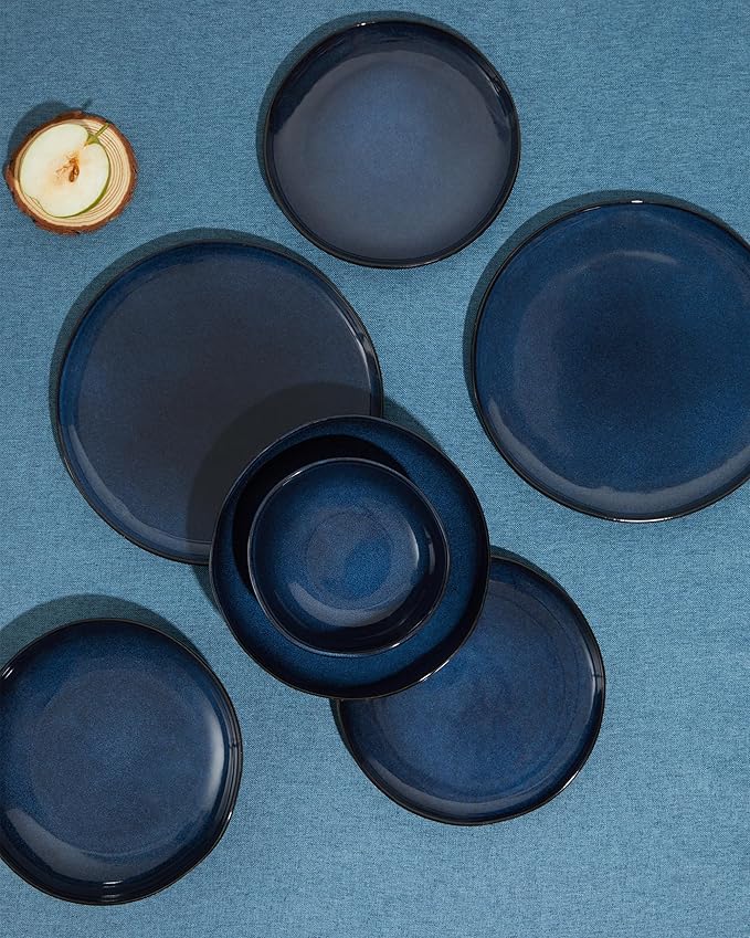 Pokini Ceramic Dinnerware Sets, Microwave Safe Plates and Bowls Sets, Kitchen Dishes Set for 4, Unbreakable & Dishwasher Safe Tableware, Everyday Use, Starry Blue