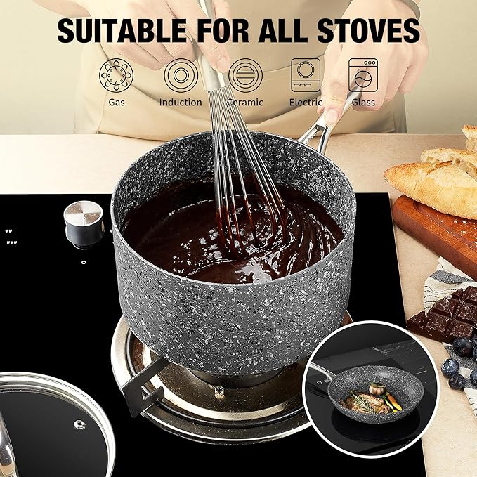 Kitchen Nonstick Saucepan Set - 1 Quart and 2 Quart Sauce Pan Set with Lid - Multipurpose Pots Set Use for Home Kitchen or Restaurant (Grey Granite)