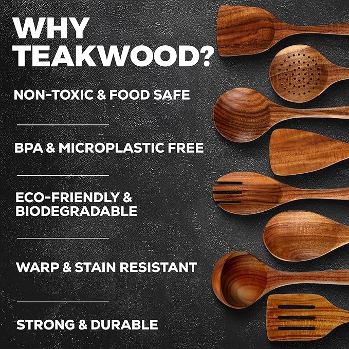 Zulay Kitchen 10-Piece Wooden Spoons for Cooking - Smooth Finish Teak Wooden Utensils for Cooking - Soft Comfort-Grip Wood Spoons for Cooking - Non-Stick Wooden Cooking Utensils - Wooden Spoon Sets