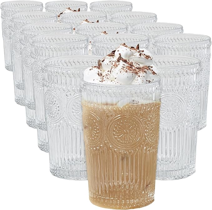 Kate Aspen Vintage Textured Clear Striped Drinking Glasses Set of 6, (13 oz) Ribbed Glassware with Flower Design | Cocktail Set, Glass Cups, Iced Coffee Cup (Pack of 4)