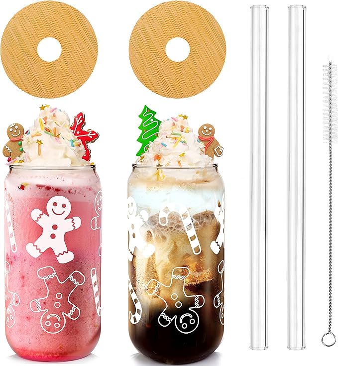 ANOTION Useful White Elephant Gifts for Adults Holiday - New Year Gift 18oz Christmas Coffee Mugs Glass Cups with Lids and Straws Gingerbread Tumbler Drinking Glassware Drinkware Gifts for Women