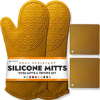 HOMWE Silicone Oven Mitts and Pot Holders, 4-Piece Set, Heavy Duty Cooking Gloves, Kitchen Counter Safe Trivet Mats, Advanced Heat Resistance, Non-Slip Textured Grip (Yellow)