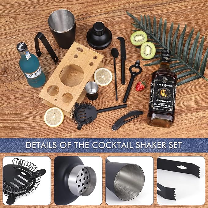 JNWINOG Cocktail Shaker Set Stainless Steel Bartending Kit 18.6oz Cocktail Bar Set Cocktail Mix Drink Making Kit Professional Bar and Home Drink Bar Tools for Bartender (Matte Black, 9Pcs)
