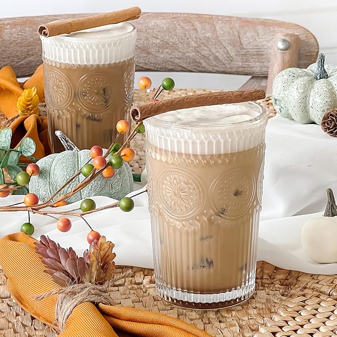 Kate Aspen Vintage Textured Clear Striped Drinking Glasses Set of 6, (13 oz) Ribbed Glassware with Flower Design | Cocktail Set, Glass Cups, Iced Coffee Cup (Pack of 4)
