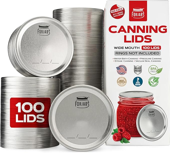 FORJARS - Wide Mouth Canning Lids, 100-Pack – Create Airtight Seals on Mason Jars to Preserve Food for Meal Prep & Emergency Food Storage – 3.4 In. Metal Lids with Silicone Seals – Canning Supplies