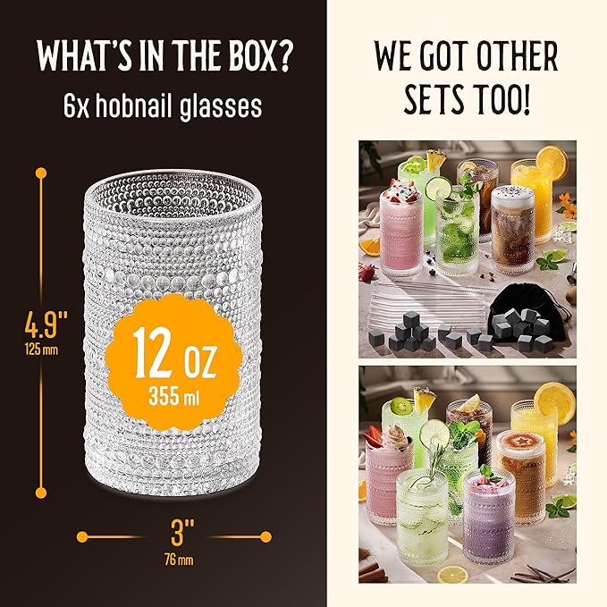 12 Oz Hobnail Drinking Glasses Set of 6 - Clear Multipurpose Glassware Sets, Decorative & Stylish Glasses Drinking Set for Bar, Kitchen, Cocktail Glassware, Garden - Home, Dining, & Kitchen