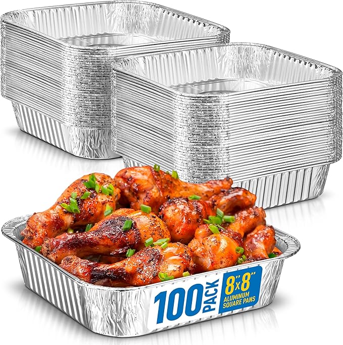 8x8 Disposable Aluminum Pans - 100 Pack Foil Pans For Cooking, Baking Cakes, Roasting & Homemade Breads - Disposable Food Containers