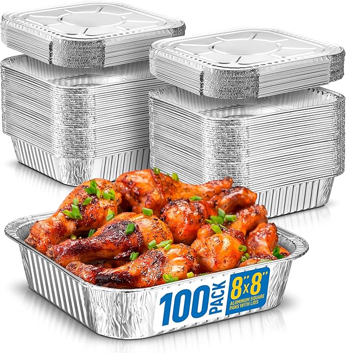 8x8 Disposable Aluminum Pans With Lids - 100 Pack Foil Pans For Cooking, Baking Cakes, Roasting & Homemade Breads - Disposable Food Containers With Foil Lids
