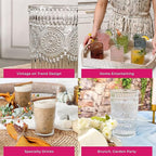 Kate Aspen Vintage Textured Clear Striped Drinking Glasses Set of 6, (13 oz) Ribbed Glassware Set with Flower Design | Cocktail Set, Glass Cups, Iced Coffee Cup