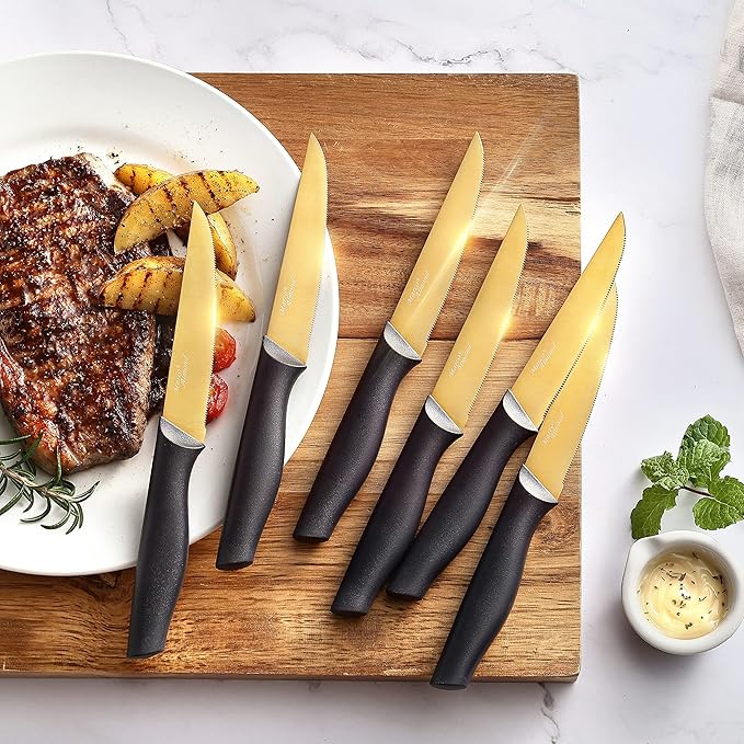 Marco Almond® Gold Knife Set With Block KYA23, 14 Pieces Stainless Steel Chef Cutlery Knives Set for Kitchen with Acrylic Stand