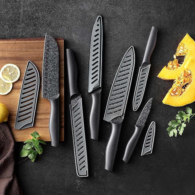 Marco Almond Kitchen Knife Set, KYA39 12-Piece Chef Knife Sets, 6 Knives with 6 Blade Guards, Stainless Steel Knives Set for Kitchen with Covers, Black