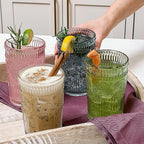 Kate Aspen Vintage Textured Clear Striped Drinking Glasses Set of 6, (13 oz) Ribbed Glassware Set with Flower Design | Cocktail Set, Glass Cups, Iced Coffee Cup