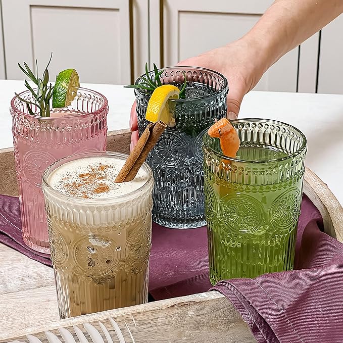 Kate Aspen Vintage Textured Clear Striped Drinking Glasses Set of 6, (13 oz) Ribbed Glassware with Flower Design | Cocktail Set, Glass Cups, Iced Coffee Cup (Pack of 4)