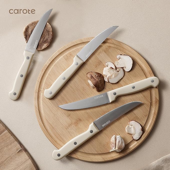 CAROTE 14 Pieces Knife Set with Block, Forged, High Carbon Stainless Steel Sharp Blade Block Knife Set, Dishwasher Safe Cutlery, Cream (Pack of 2)