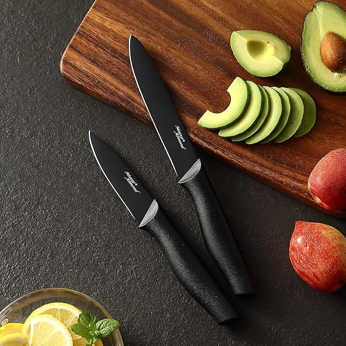 Kitchen Knife Set, KYA38 12-Piece Kitchen Knives Set with Covers, Marco Almond® 6 Knives with 6 Blade Guards, Stainless Steel Cooking Knives Set for Kitchen, Black