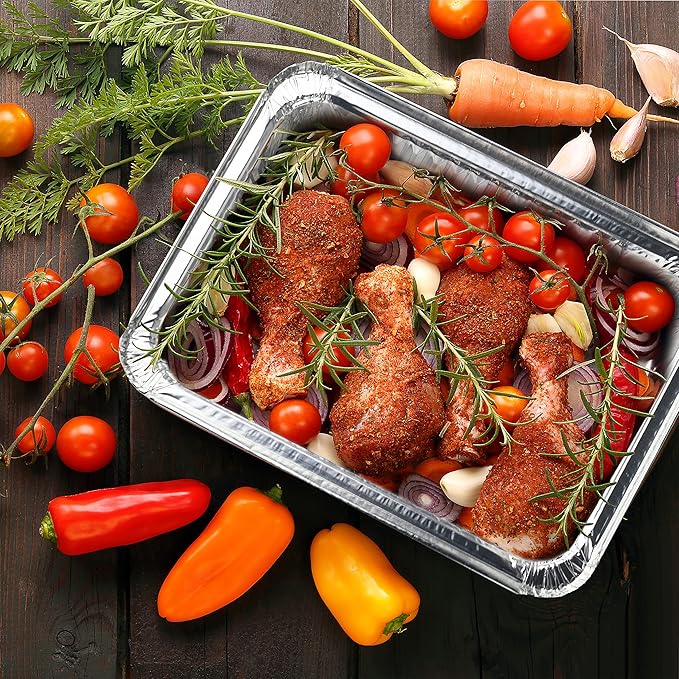 NYHI 9x13 Disposable Aluminum Foil Pans With Lids Large Half Size Deep Steam Pan and Oven Buffet Trays Food Containers for Catering Baking Roasting (25)
