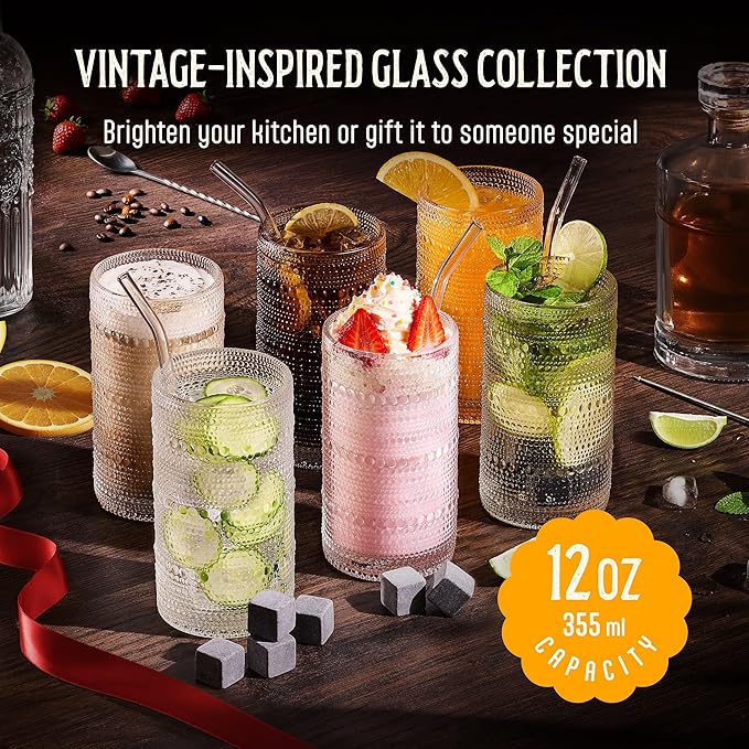 12 Oz Hobnail Drinking Glasses Set of 6 - Clear Multipurpose Glassware Sets, Decorative & Stylish Glasses Drinking Set for Bar, Kitchen, Cocktail Glassware, Garden - Home, Dining, & Kitchen