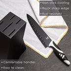 Moss & Stone 7-Piece Kitchen Knife Set with Block – Black Titanium Plated Stainless Steel Kitchen Knives, High Carbon Blades, Compact Cutlery Set for Home Cooking, Small Knife Set Black Wood Block