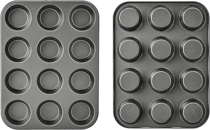 Amazon Basics Nonstick Muffin Pan, Set of 2, Sturdy, Oven Safe, Bakes Evenly, Easy to Clean, 12 Cups, Gray, 13.9x10.55x1.22"
