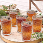 Kate Aspen Vintage Textured Clear Striped Drinking Glasses Set of 6, (13 oz) Ribbed Glassware with Flower Design | Cocktail Set, Glass Cups, Iced Coffee Cup (Pack of 4)