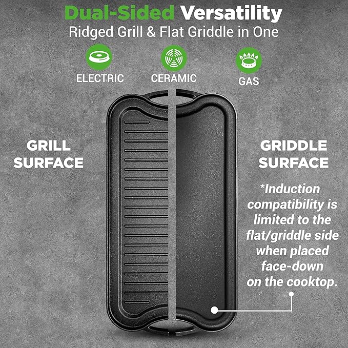 NutriChef Reversible Cast Iron Griddle Pan for Stove Top Cooking, Heavy Duty Nonstick Grill Plate with Flat & Ribbed Sides, Works as Flat Top Grill or Griddle for Gas Grill, Includes Scraper Tool