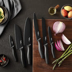 Kitchen Knife Set, KYA38 12-Piece Kitchen Knives Set with Covers, Marco Almond® 6 Knives with 6 Blade Guards, Stainless Steel Cooking Knives Set for Kitchen, Black
