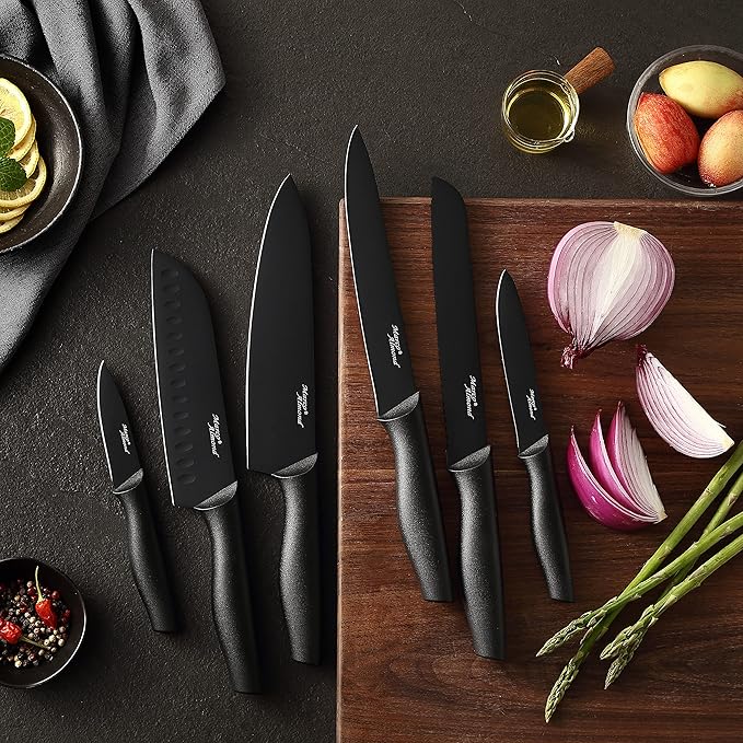 Kitchen Knife Set, KYA38 12-Piece Kitchen Knives Set with Covers, Marco Almond® 6 Knives with 6 Blade Guards, Stainless Steel Cooking Knives Set for Kitchen, Black