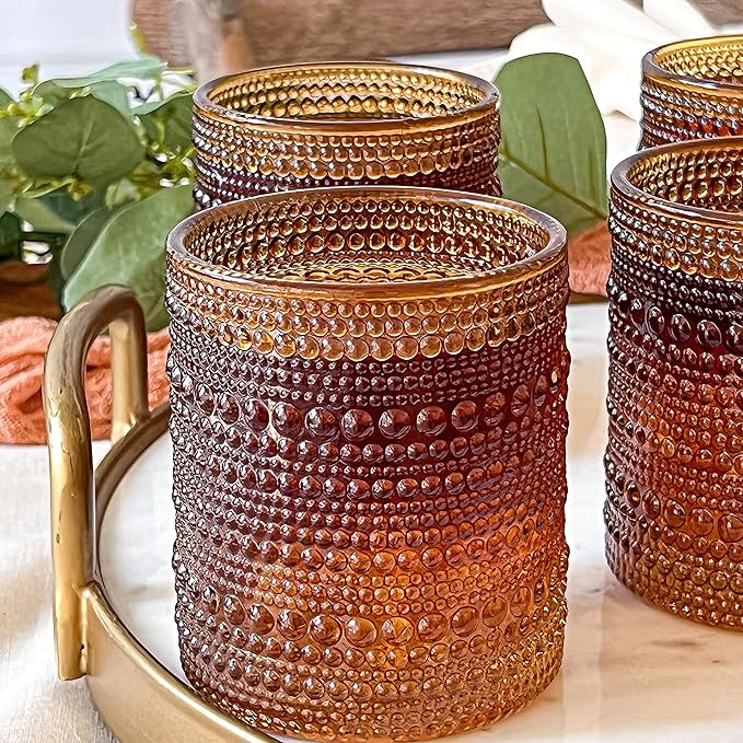 Kate Aspen Beaded Amber Drinking Glasses Set of 6-10 oz Vintage Glassware Jupiter Glasses, Cocktail Glass, Juice Glass, Water Cups Hostess Gift, Present, Gift for Newlyweds (Pack of 4)