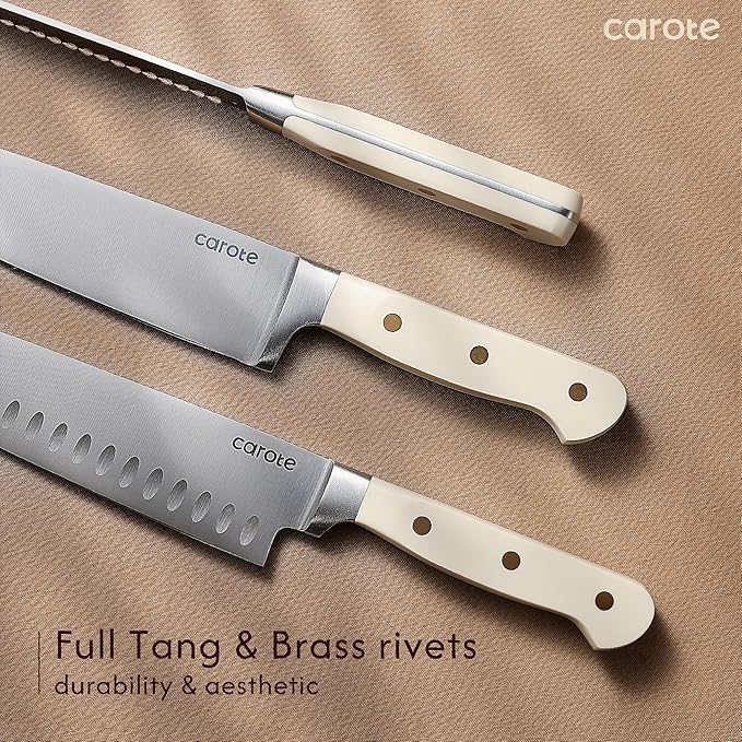 CAROTE 11 Pieces Knife Set with Block for kitchen, Stainless Steel Razor-Sharp Blade, Triple Riveted Ergonomic Handle, Wooden Magnetic Block, Essential Knife Block Set, Beige