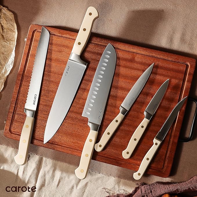CAROTE 11 Pieces Knife Set with Block for kitchen, Stainless Steel Razor-Sharp Blade, Triple Riveted Ergonomic Handle, Wooden Magnetic Block, Essential Knife Block Set, Beige