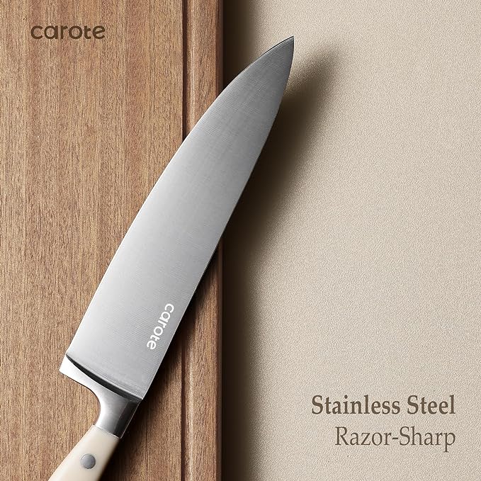 CAROTE 14 Pieces Knife Set with Block, Forged, High Carbon Stainless Steel Sharp Blade Block Knife Set, Dishwasher Safe Cutlery, Cream (Pack of 2)