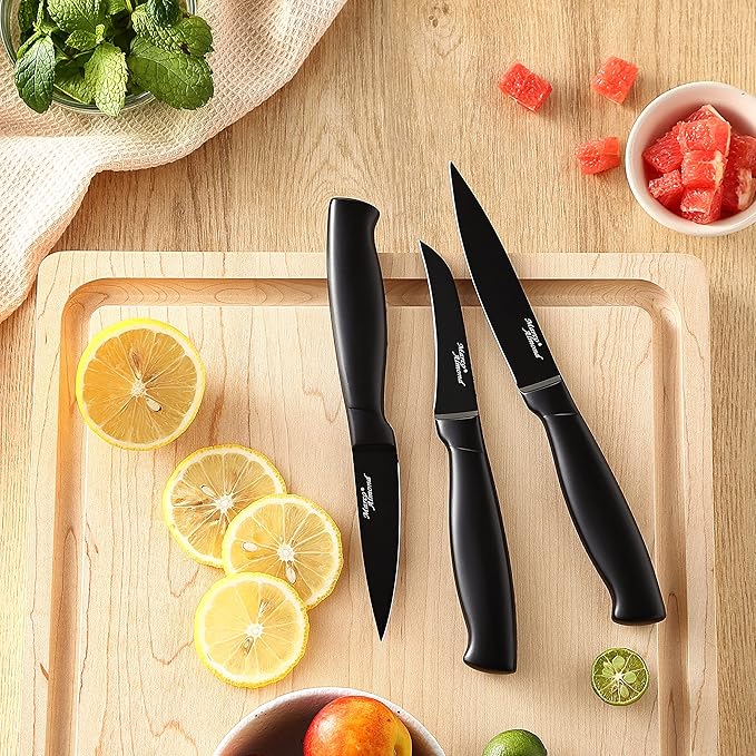 Marco Almond® Kitchen Knife Set with Block and Sharpener MA23, 17 Pieces Knife Block Set Stainless Steel Chef Black Knives Set for Kitchen