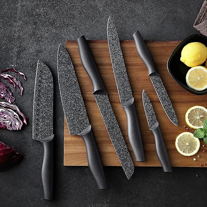 Marco Almond Kitchen Knife Set, KYA39 12-Piece Chef Knife Sets, 6 Knives with 6 Blade Guards, Stainless Steel Knives Set for Kitchen with Covers, Black