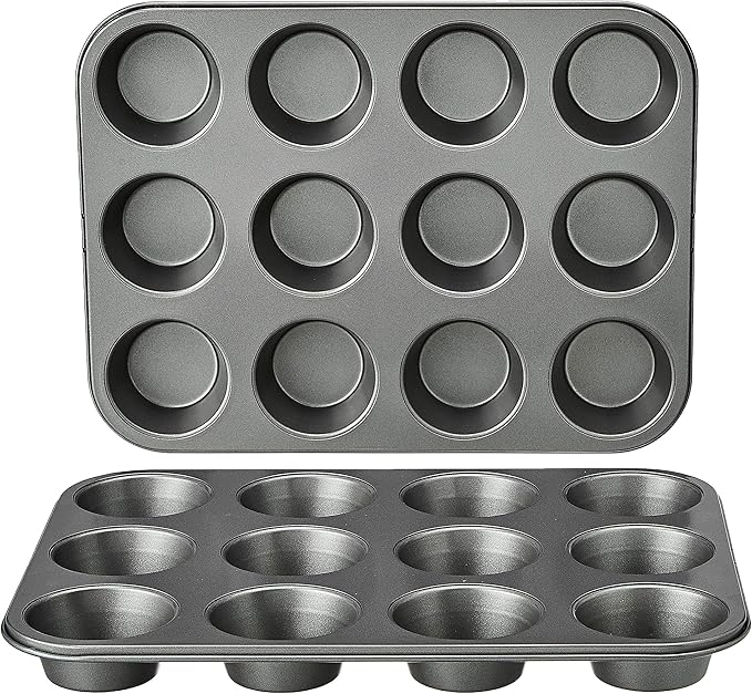 Amazon Basics Nonstick Muffin Pan, Set of 2, Sturdy, Oven Safe, Bakes Evenly, Easy to Clean, 12 Cups, Gray, 13.9x10.55x1.22"