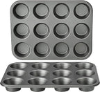 Amazon Basics Nonstick Muffin Pan, Set of 2, Sturdy, Oven Safe, Bakes Evenly, Easy to Clean, 12 Cups, Gray, 13.9x10.55x1.22"